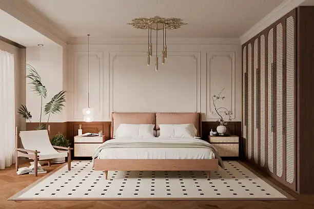 Luxury contemporary bedroom with rattan bed frame and woven accent wall